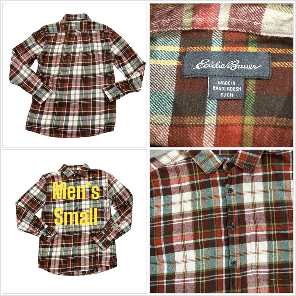 Men's Eddie Bauer Small Soft Flannel Shirt Plaid Orange Green Long Sleeve Pocket
